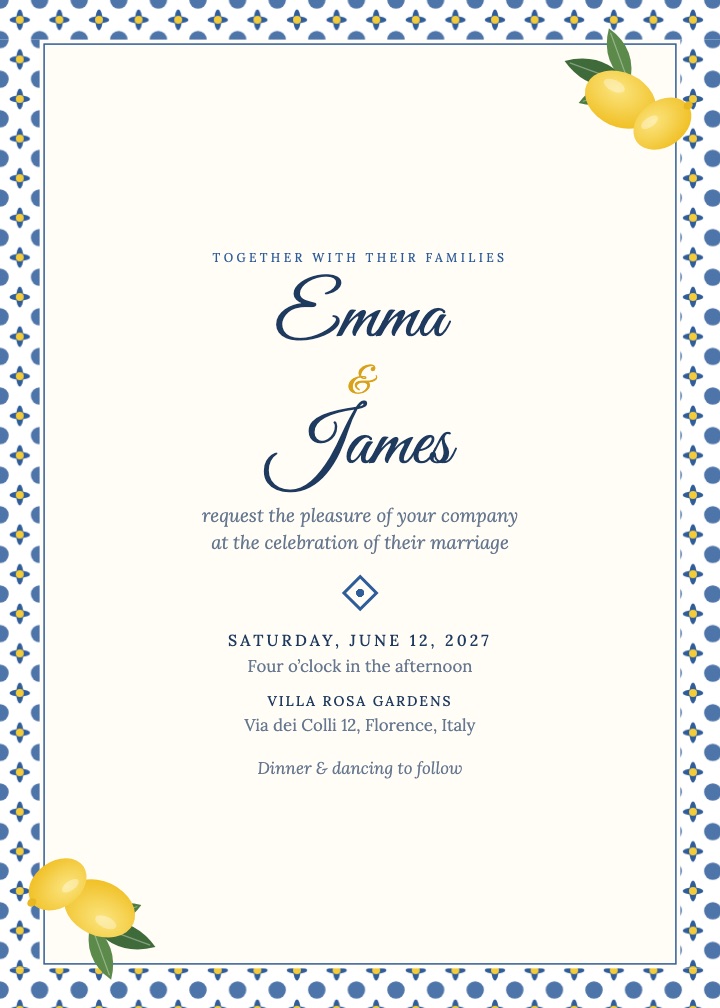 Amalfi Lemons invitation: blue tile border with lemons