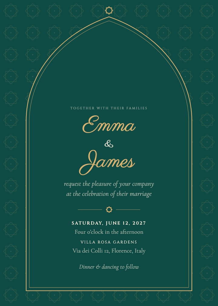 Arabesque invitation: emerald card with a gold Moroccan arch