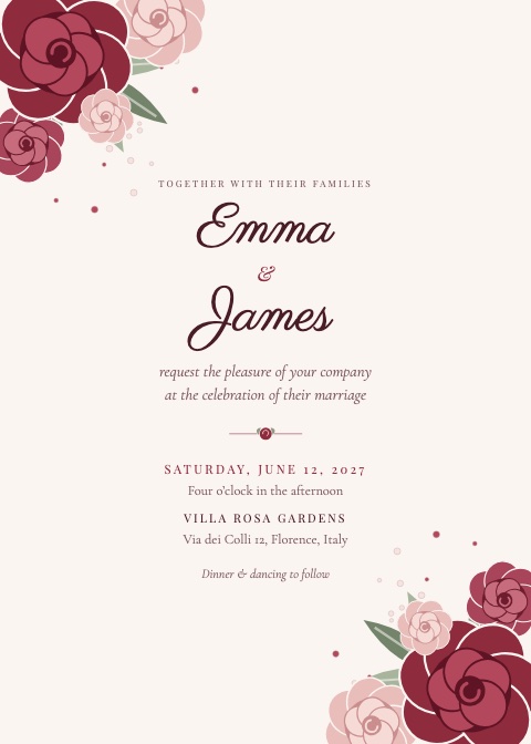 Burgundy Bloom invitation: burgundy and blush roses in two corners