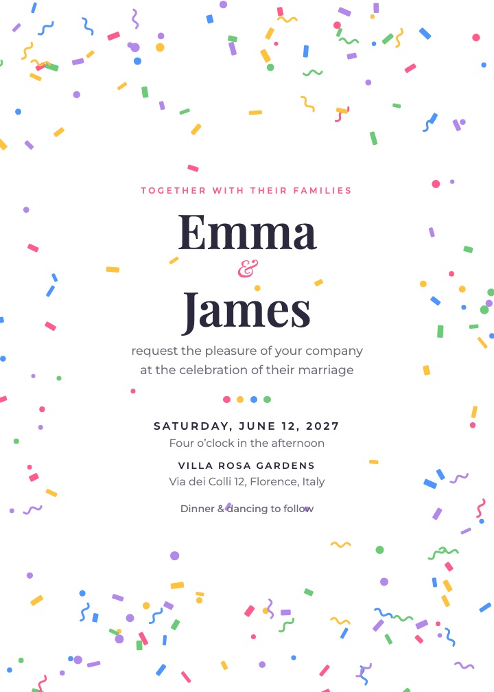 Confetti invitation: colorful confetti around bold names