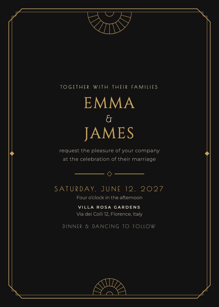Deco Noir invitation: black card with gold art deco frame