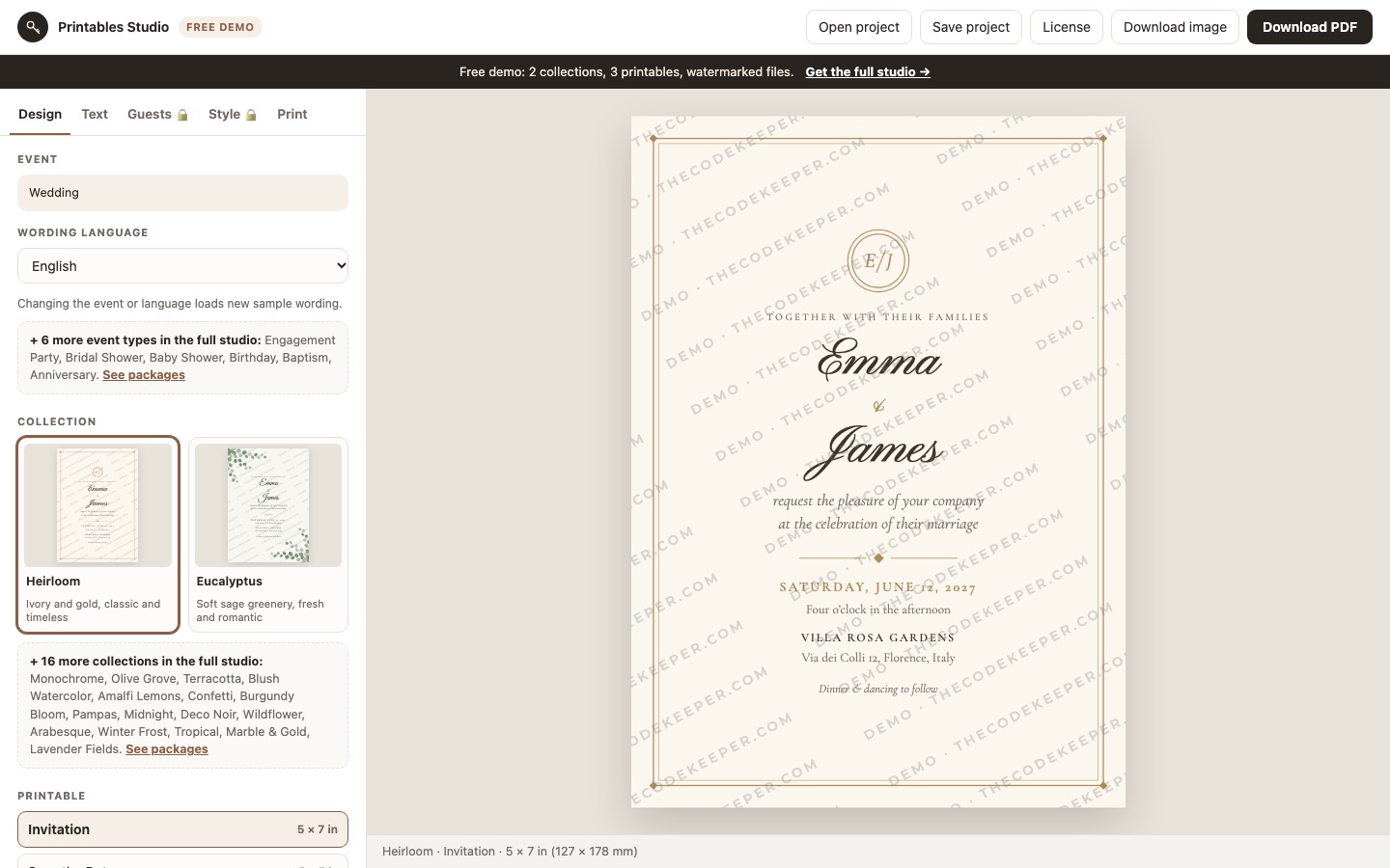 The Printables Studio editor with a design panel on the left and a live invitation preview on the right
