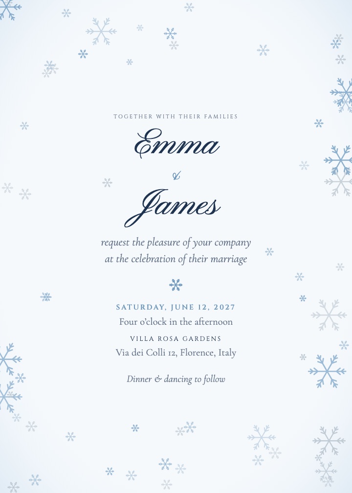 Winter Frost invitation: icy blue snowflakes