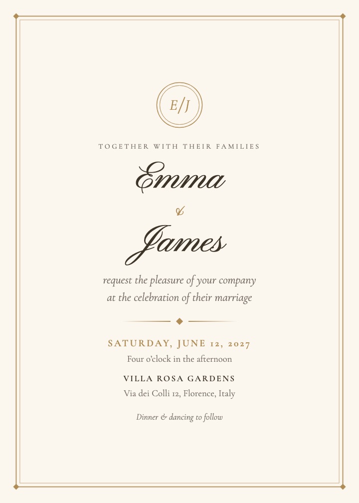 Heirloom invitation: ivory card with a double gold frame and script names