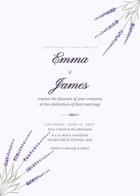 Lavender Fields invitation: lavender sprigs in two corners