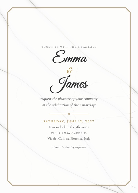 Marble & Gold invitation: soft grey marble veins inside a gold frame