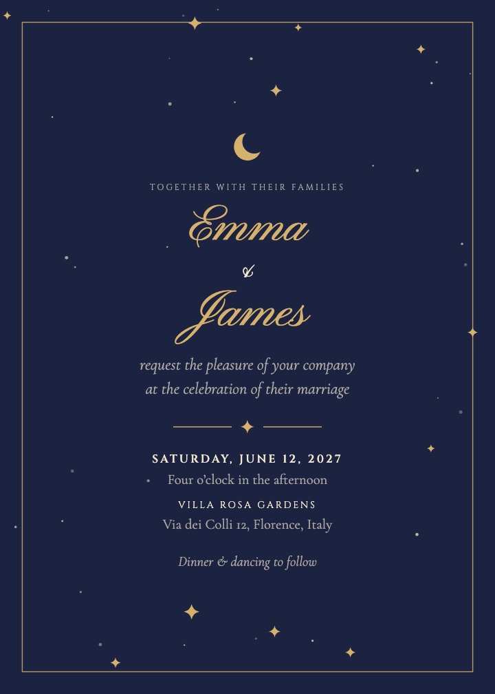 Midnight invitation: navy card with gold stars and moon