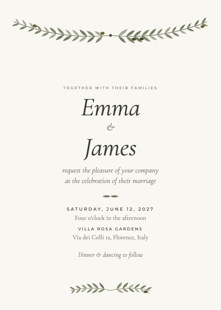 Olive Grove invitation: an olive branch crown on warm white
