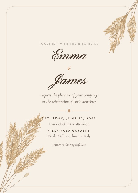 Pampas invitation: dried pampas plumes on warm linen with a soft frame