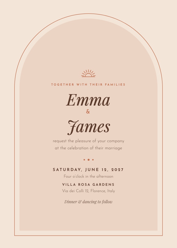 Terracotta invitation: warm arch shape with a small sun