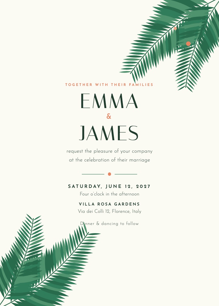 Tropical invitation: green palm fronds in two corners