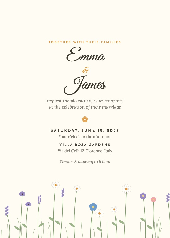 Wildflower invitation: colorful meadow flowers along the bottom